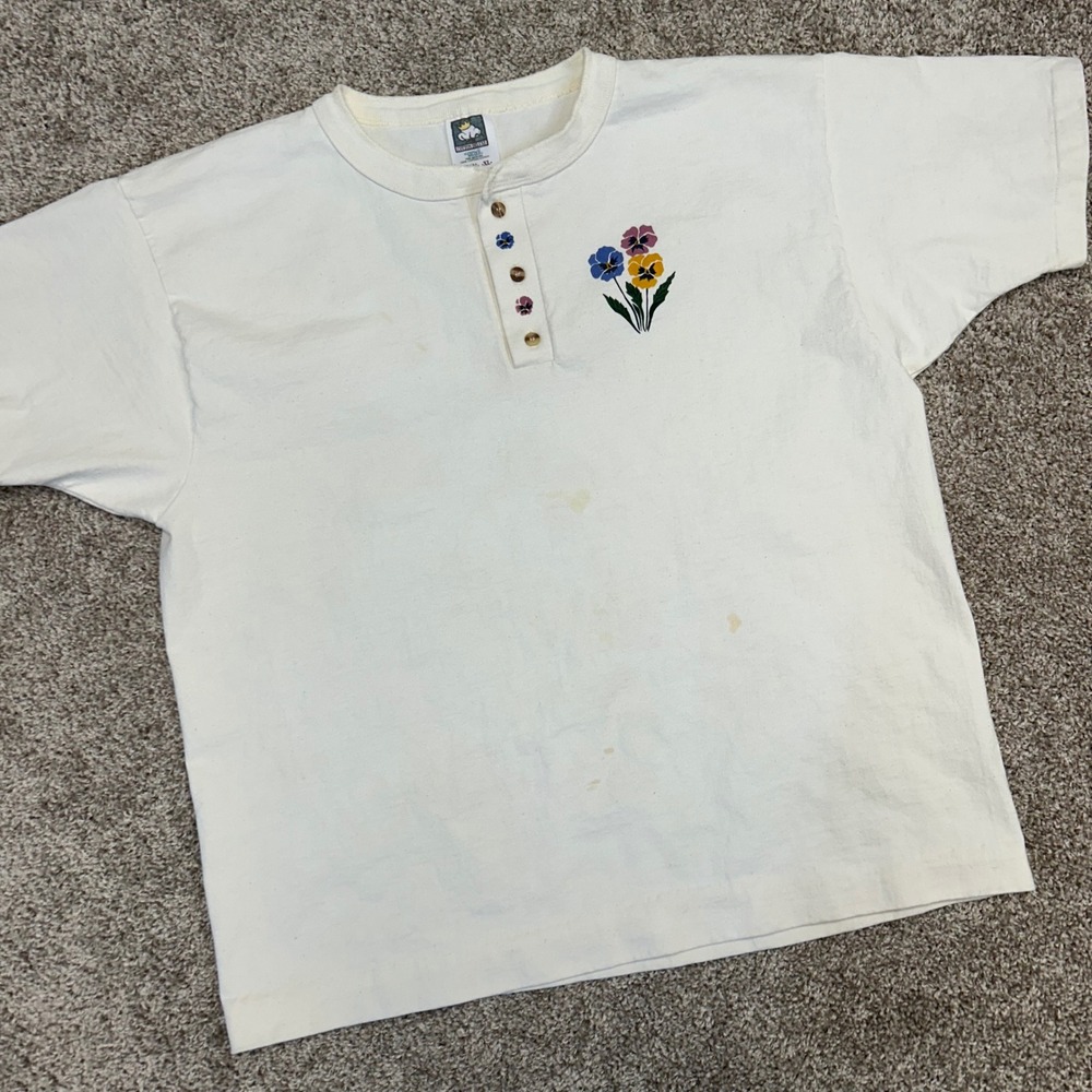Vintage Cotton Deluxe Anvil Henley Shirt Flowers‎ XL Made In USA Single Stitch